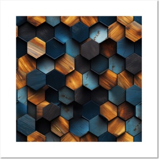 Geometric Timber: Crystalline Hexagons in Amber and Blue Posters and Art